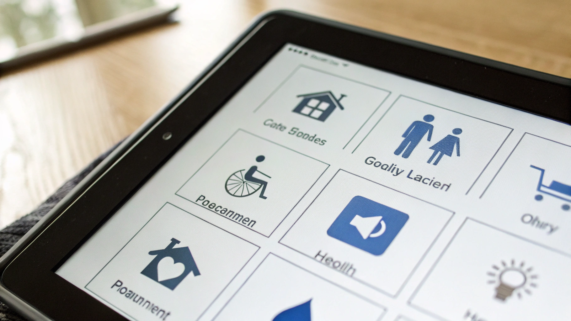 Крупный план экрана планшета с большими иконками и крупным шрифтом для пожилого пользователя