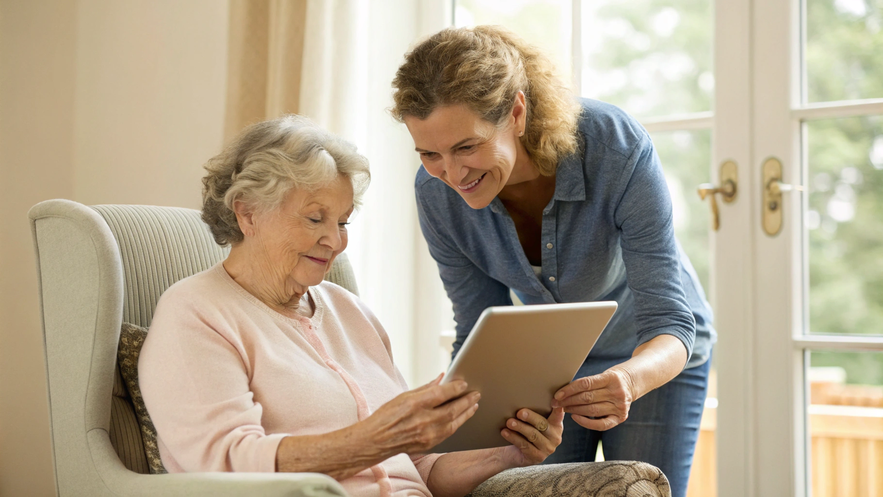 Взрослый человек помогает пожилой женщине настроить планшет для медицины и Госуслуг