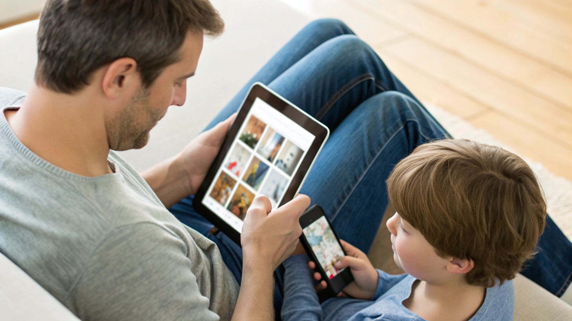 Родитель и ребёнок выбирают аудиокниги на планшете и смартфоне для семейного плейлиста