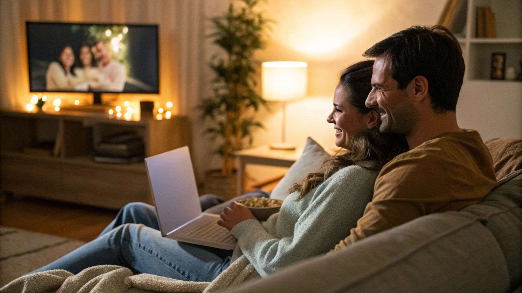 Пара дома смотрит фильм вместе за одним ноутбуком
