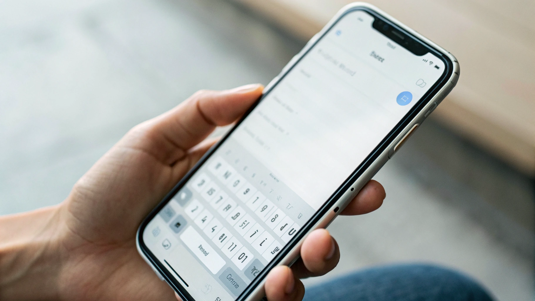 Смартфон с крупным шрифтом в мессенджере в руке родителя