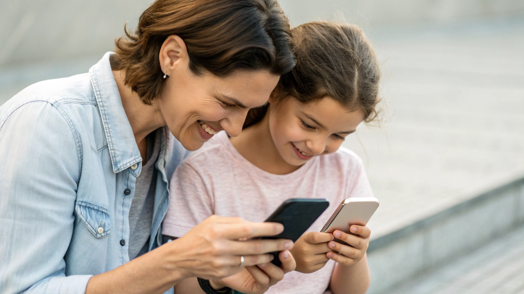 Родитель и ребёнок смотрят на смартфоны, сверяя местоположение в семейном приложении трекинга