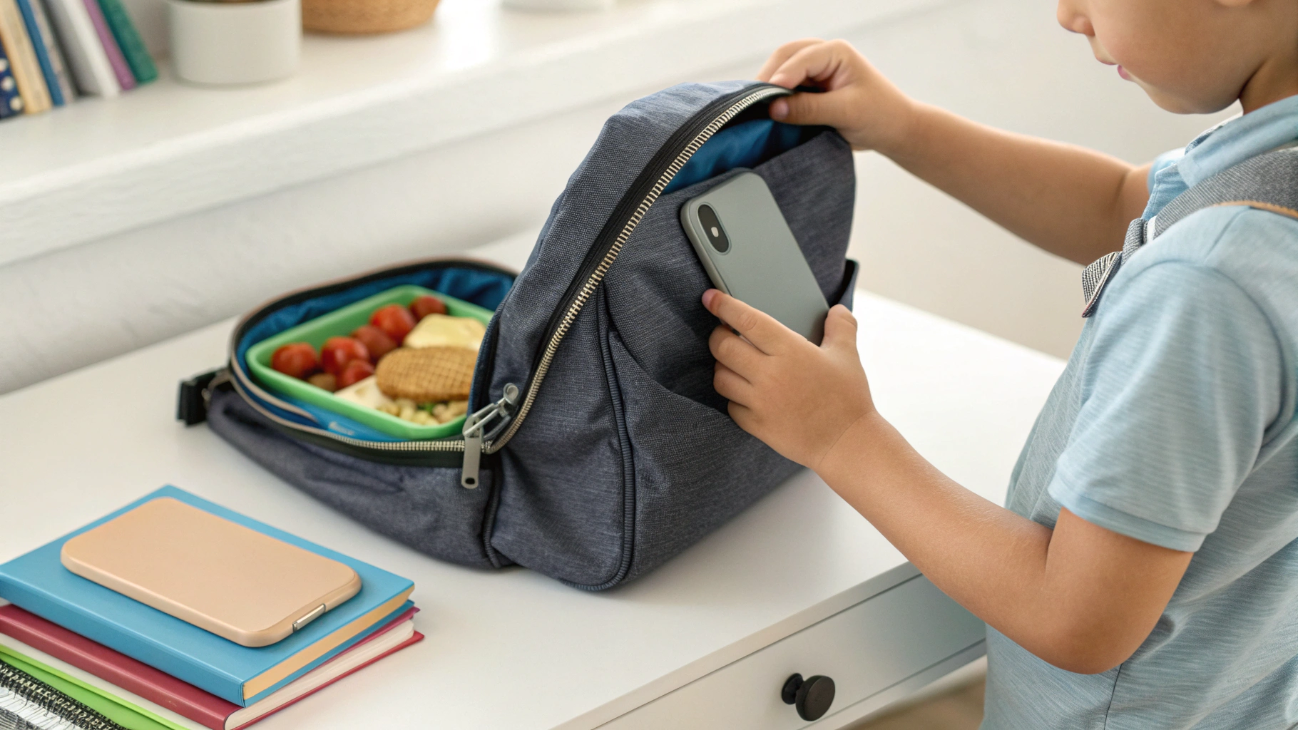 Ребёнок кладёт смартфон в защитном чехле в школьный рюкзак рядом с книгами и ланчбоксом