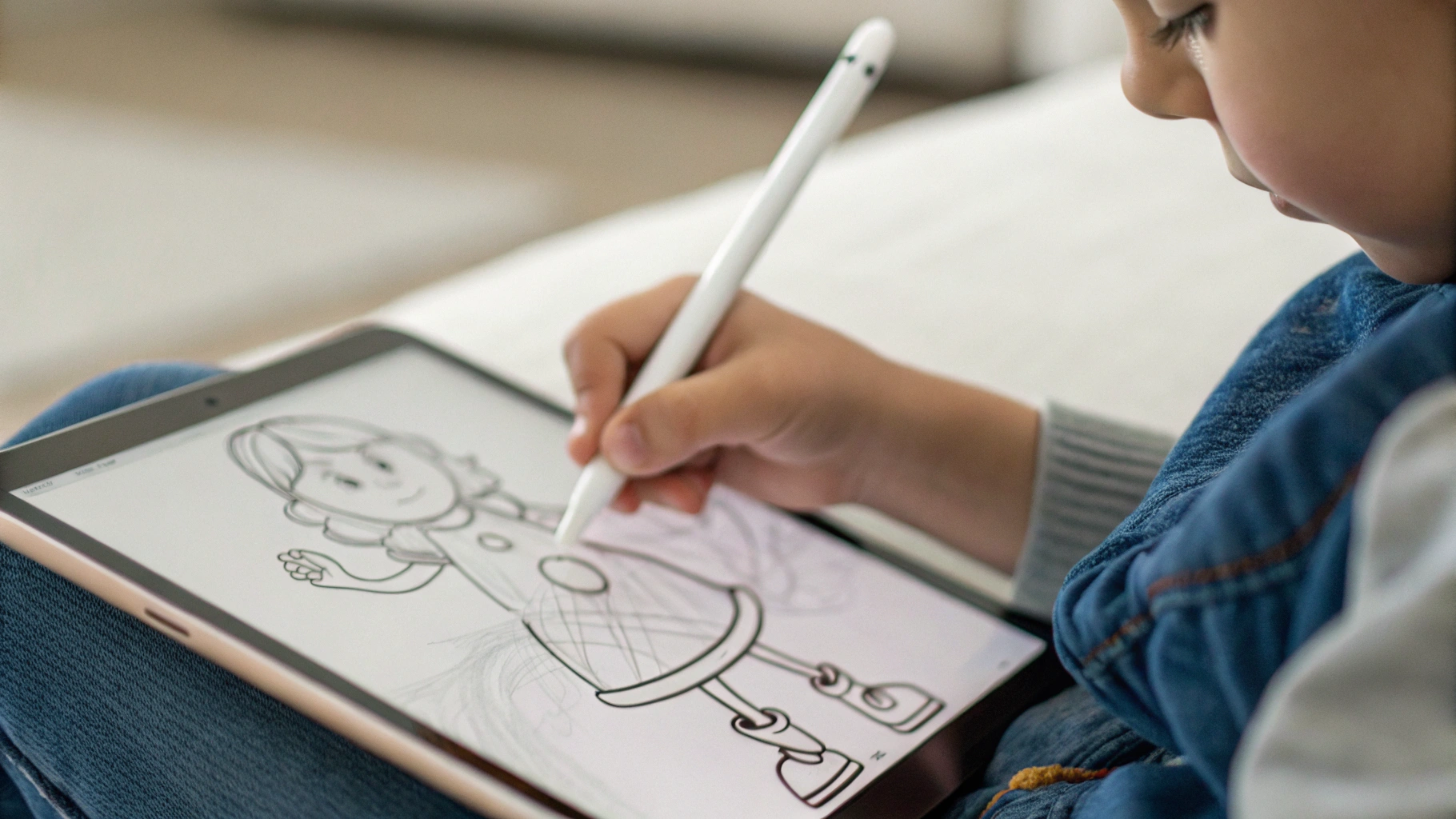 Рука ребёнка рисует стилусом на экране планшета мультяшного персонажа
