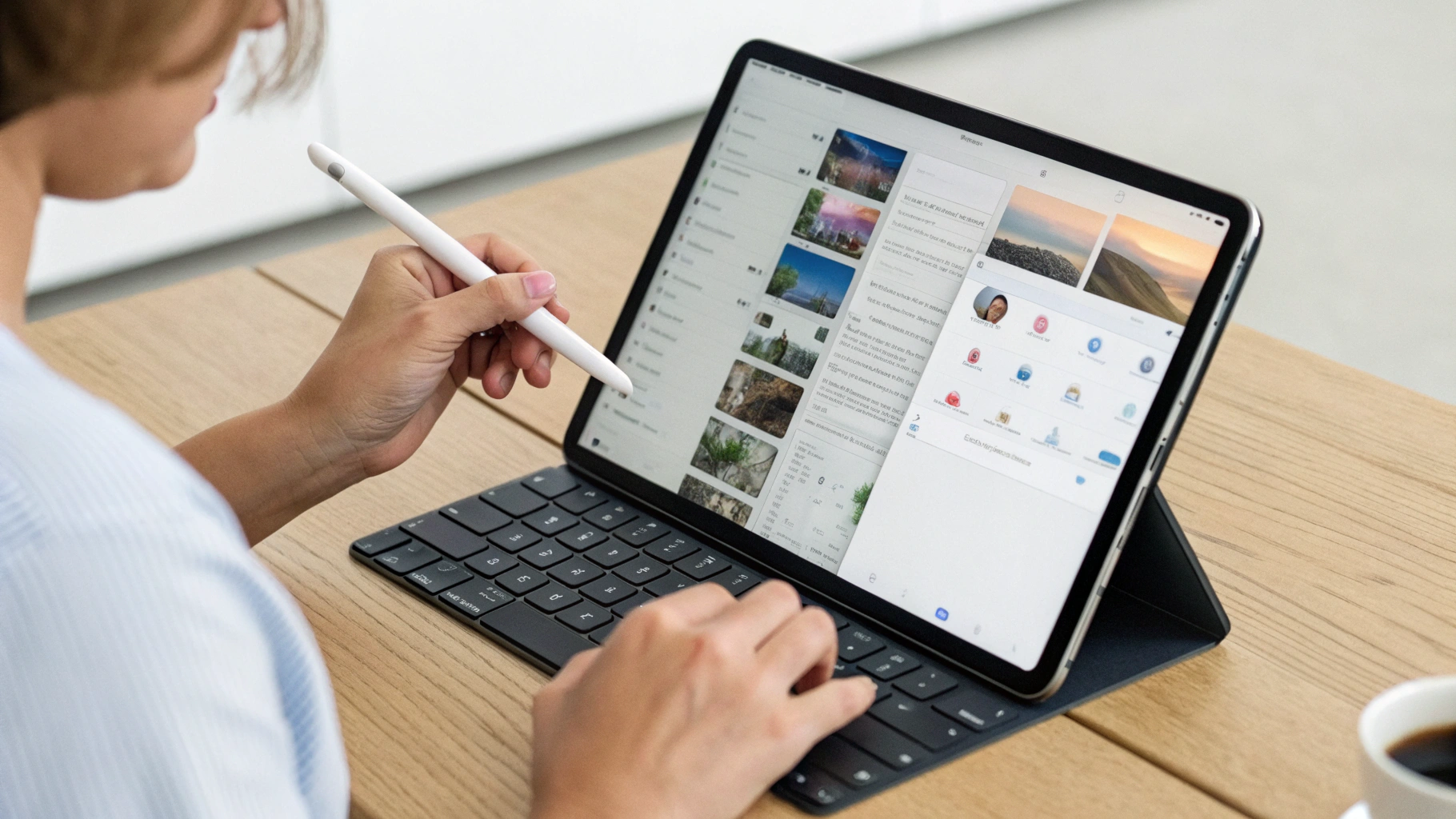 Пользователь работает на iPad с клавиатурой и стилусом в режиме многозадачности