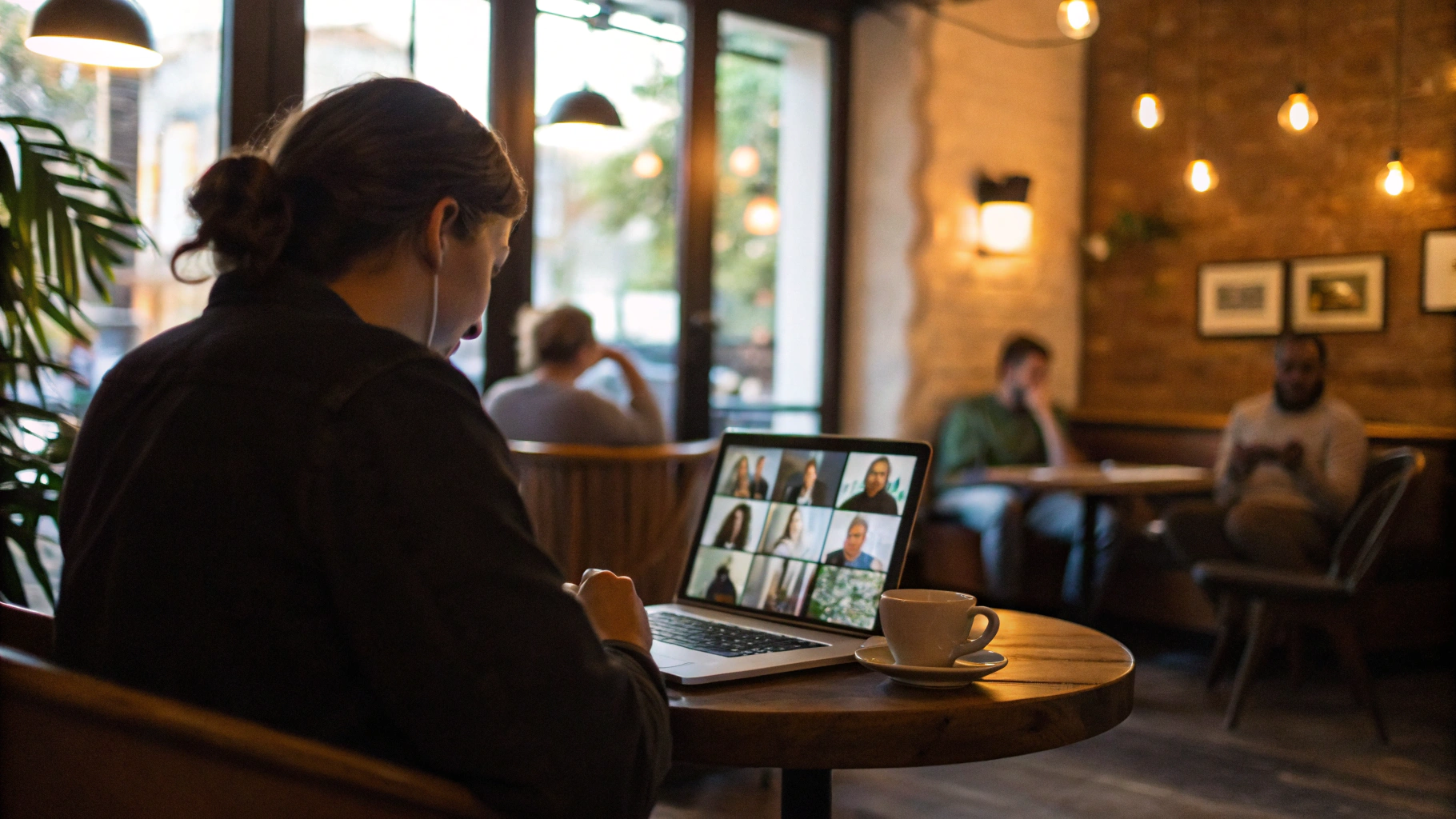 Пользователь работает за MacBook 2025 в кафе и участвует в видеозвонке