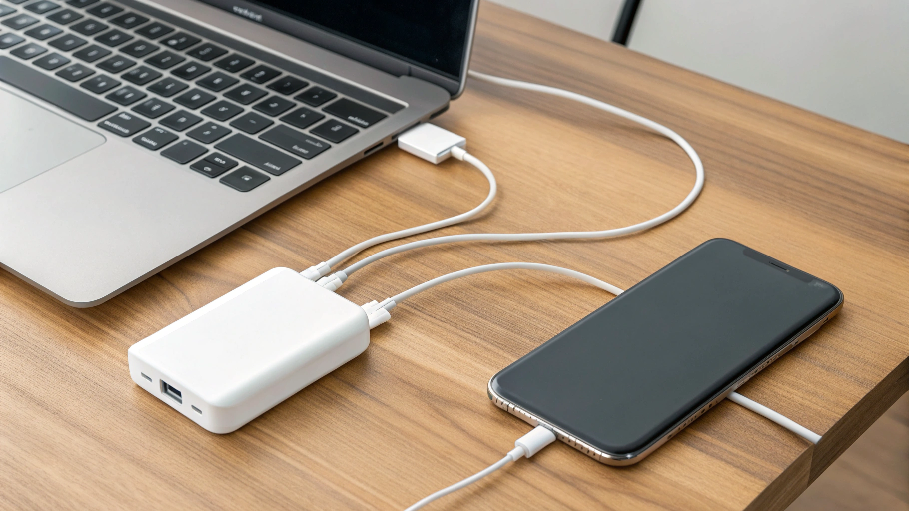 Ноутбук, смартфон и беспроводные наушники, подключённые к многопортовой GaN‑зарядке USB‑C