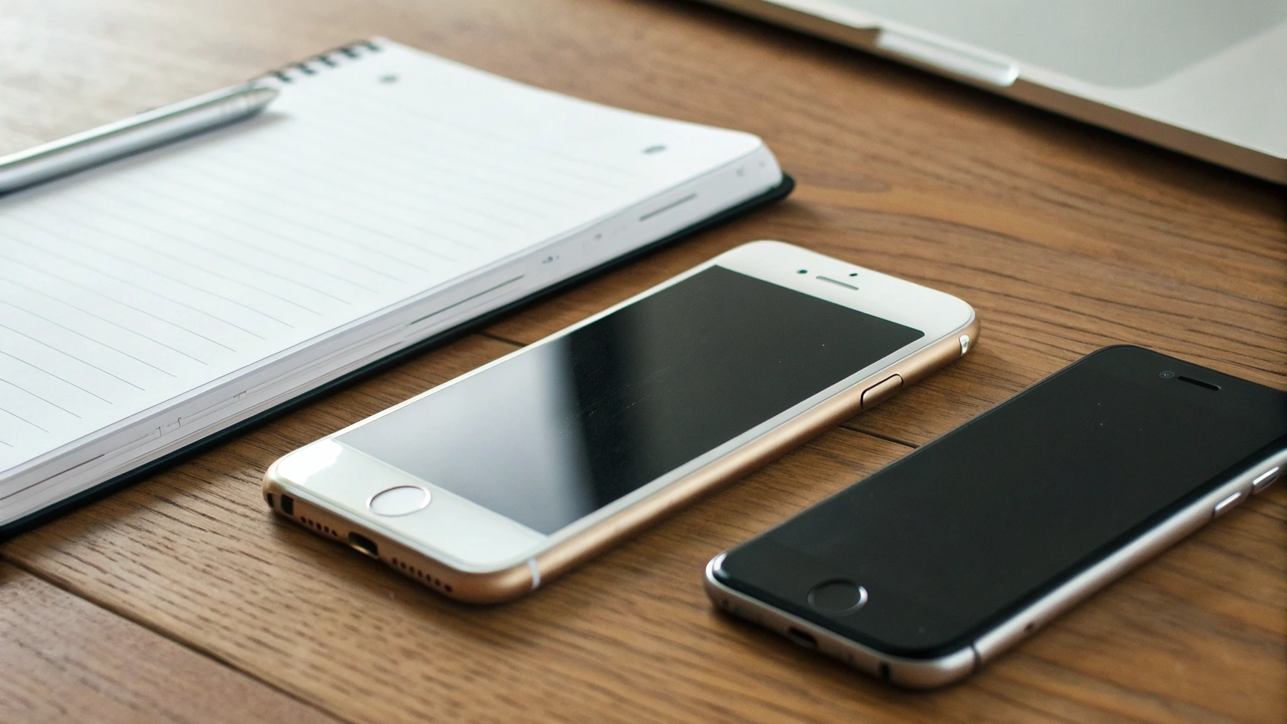 Сравнение на столе прошлогоднего iPhone, базовой модели и компактного iPhone SE с записями плюсов и минусов