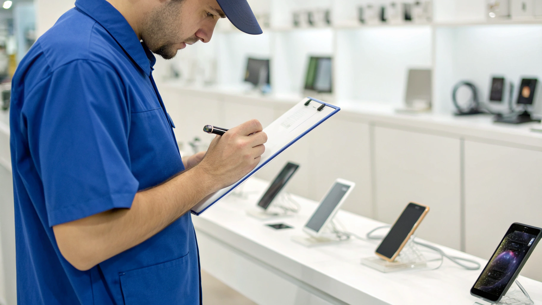 Покупатель и специалист осматривают восстановленный iPhone, сверяясь с чек-листом проверки