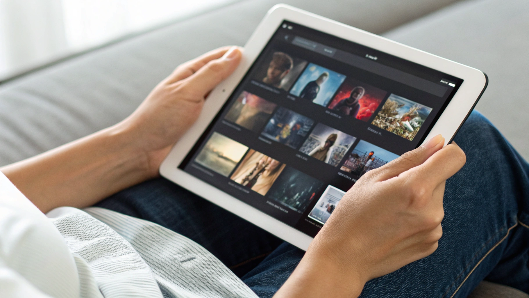 Планшет в руках с открытым онлайн-кинотеатром для просмотра сериалов