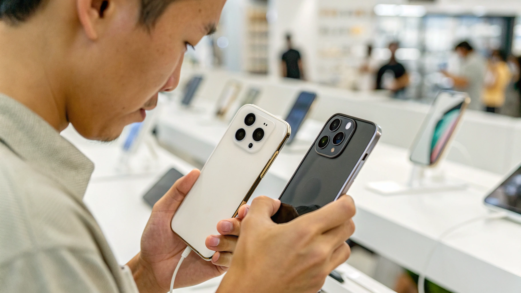 Покупатель сравнивает характеристики камеры на двух смартфонах в магазине