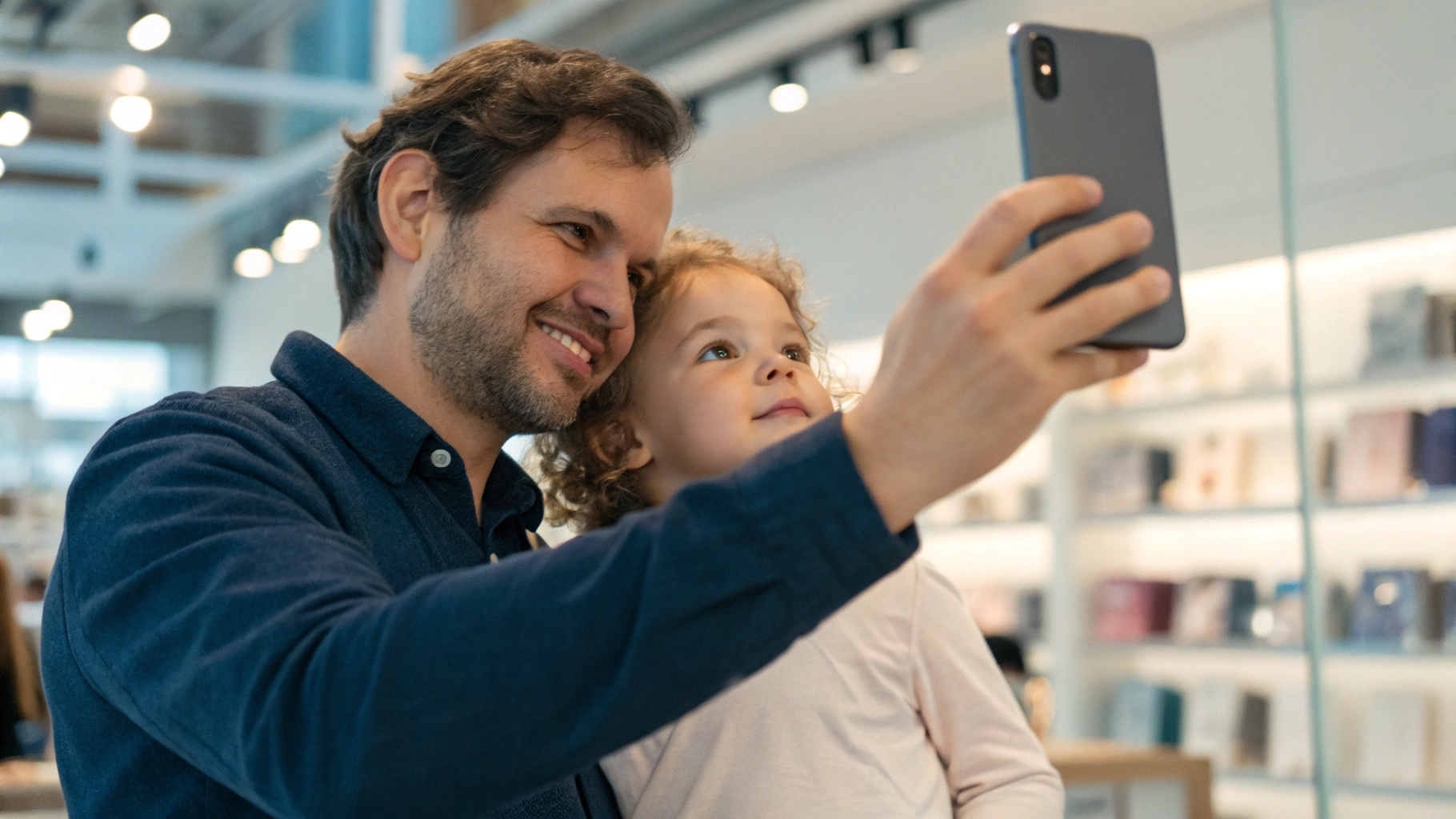 Родитель с ребёнком тестируют фронтальную камеру смартфона в магазине
