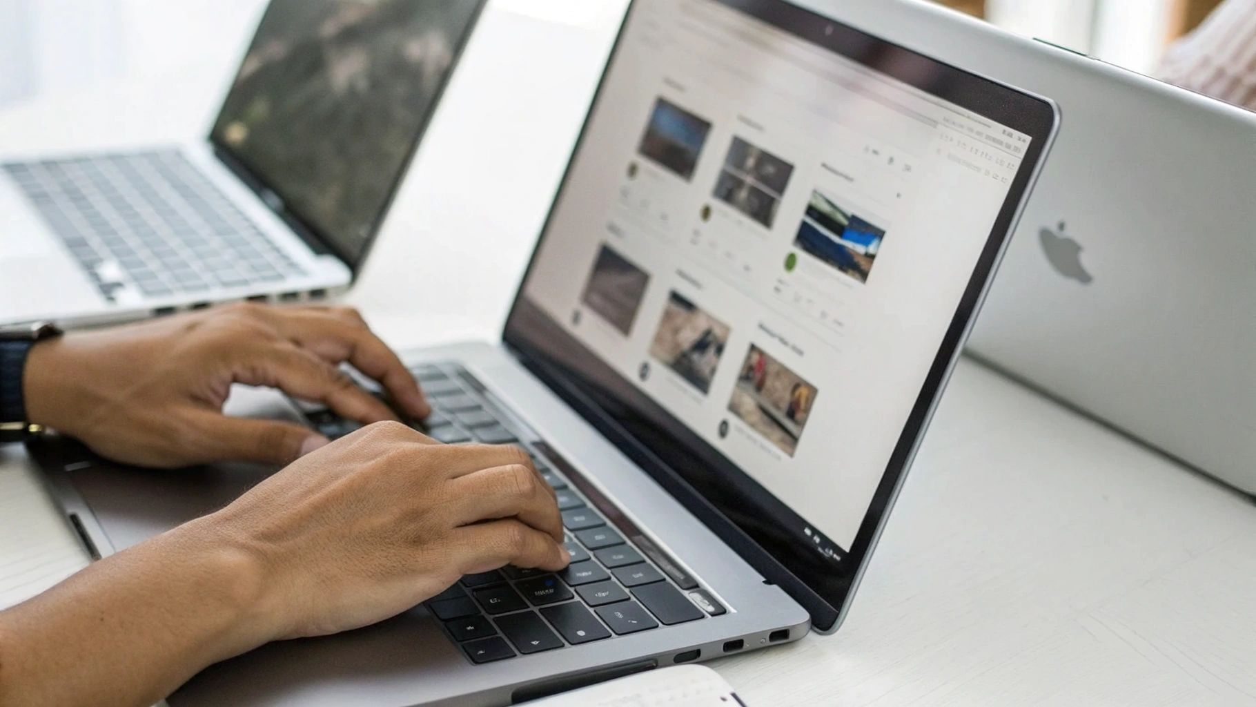 Руки листают страницу интернет-магазина с характеристиками разных ноутбуков