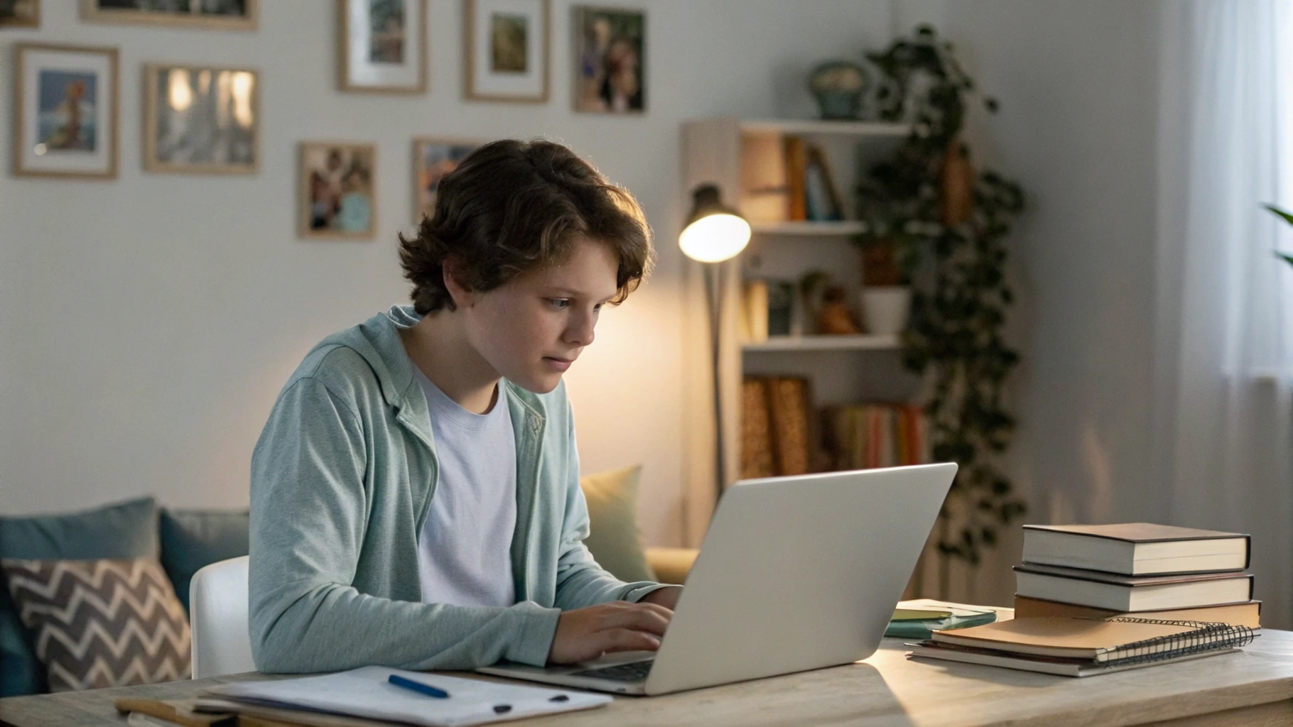 Подросток делает домашнее задание за семейным ноутбуком дома