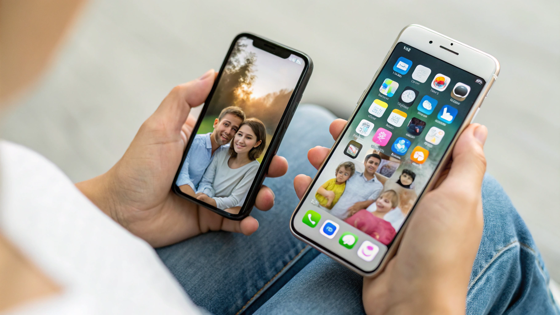 Смартфоны iPhone и Android‑флагман рядом с открытыми семейными приложениями