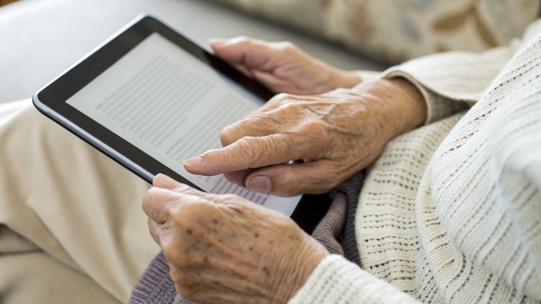 Родитель держит планшет и увеличивает текст на экране для удобства чтения