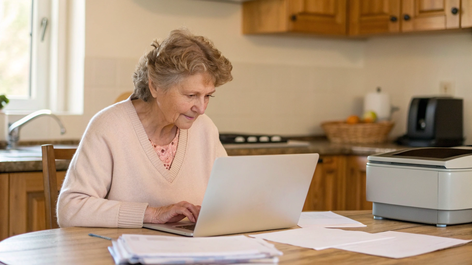 Родитель работает за компактным ноутбуком с документами и принтером на кухонном столе