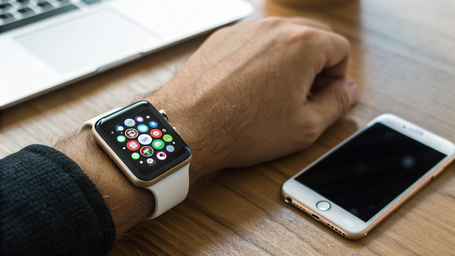 Apple Watch на запястье показывает уведомления рядом с iPhone на столе