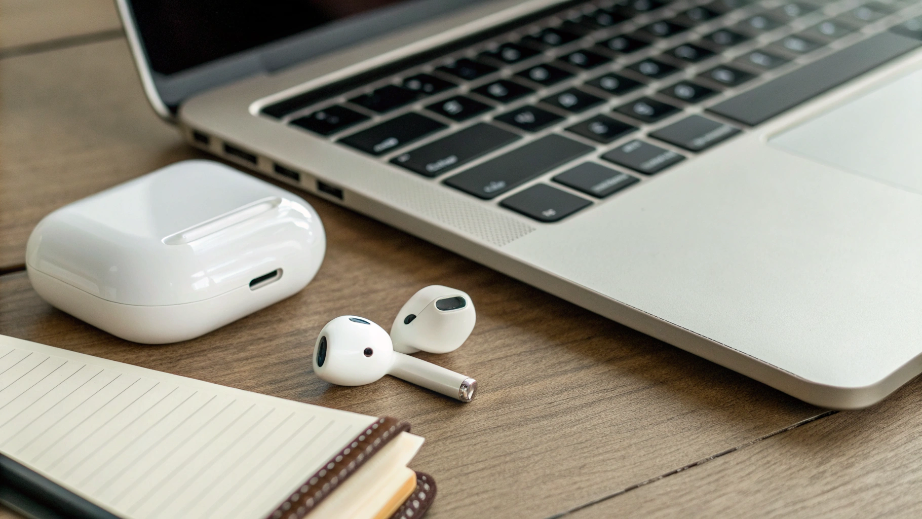 AirPods Pro и недорогие TWS‑наушники рядом с ноутбуком на рабочем столе