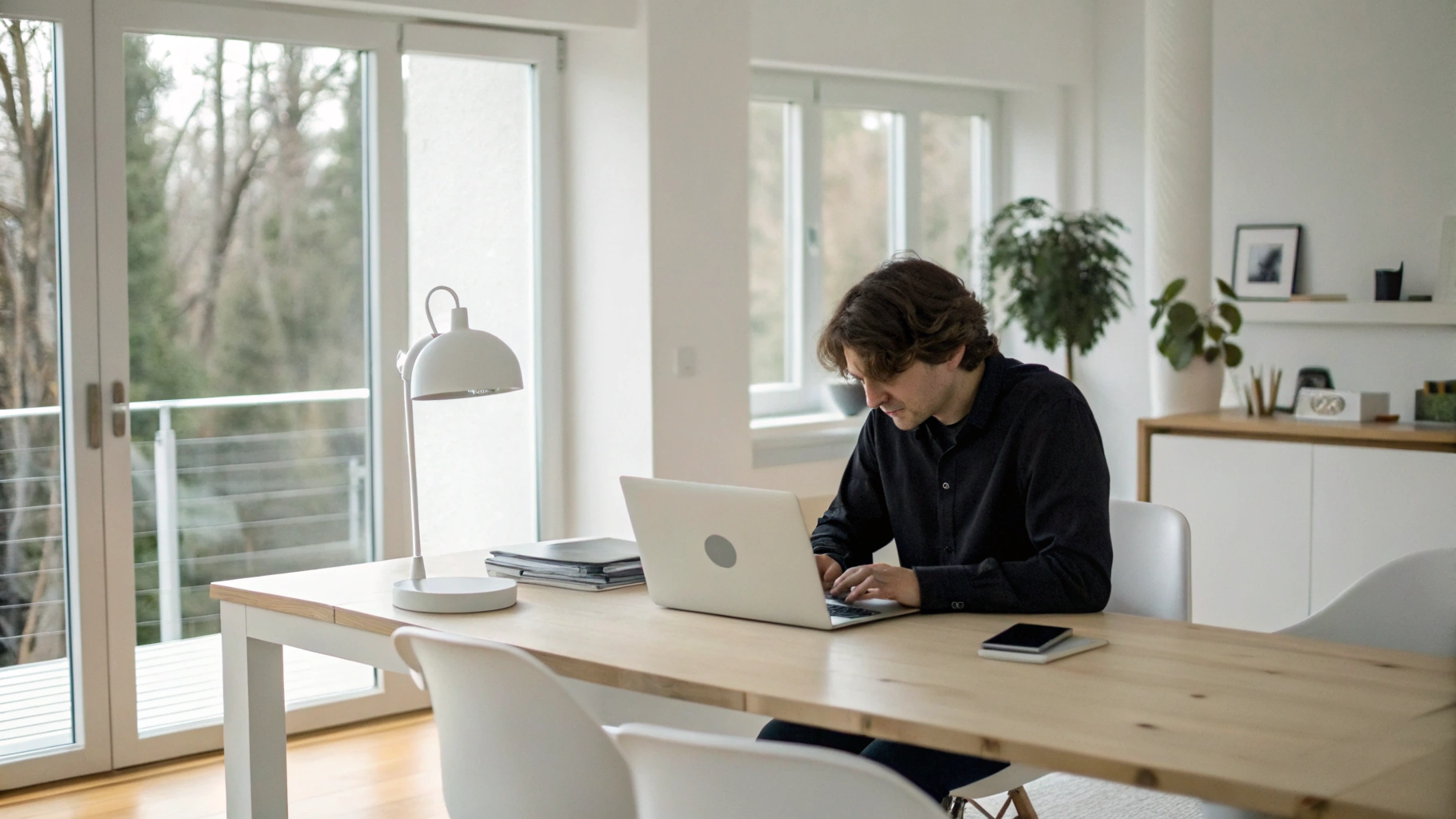 Рабочее место с MacBook и iPhone для домашнего офиса