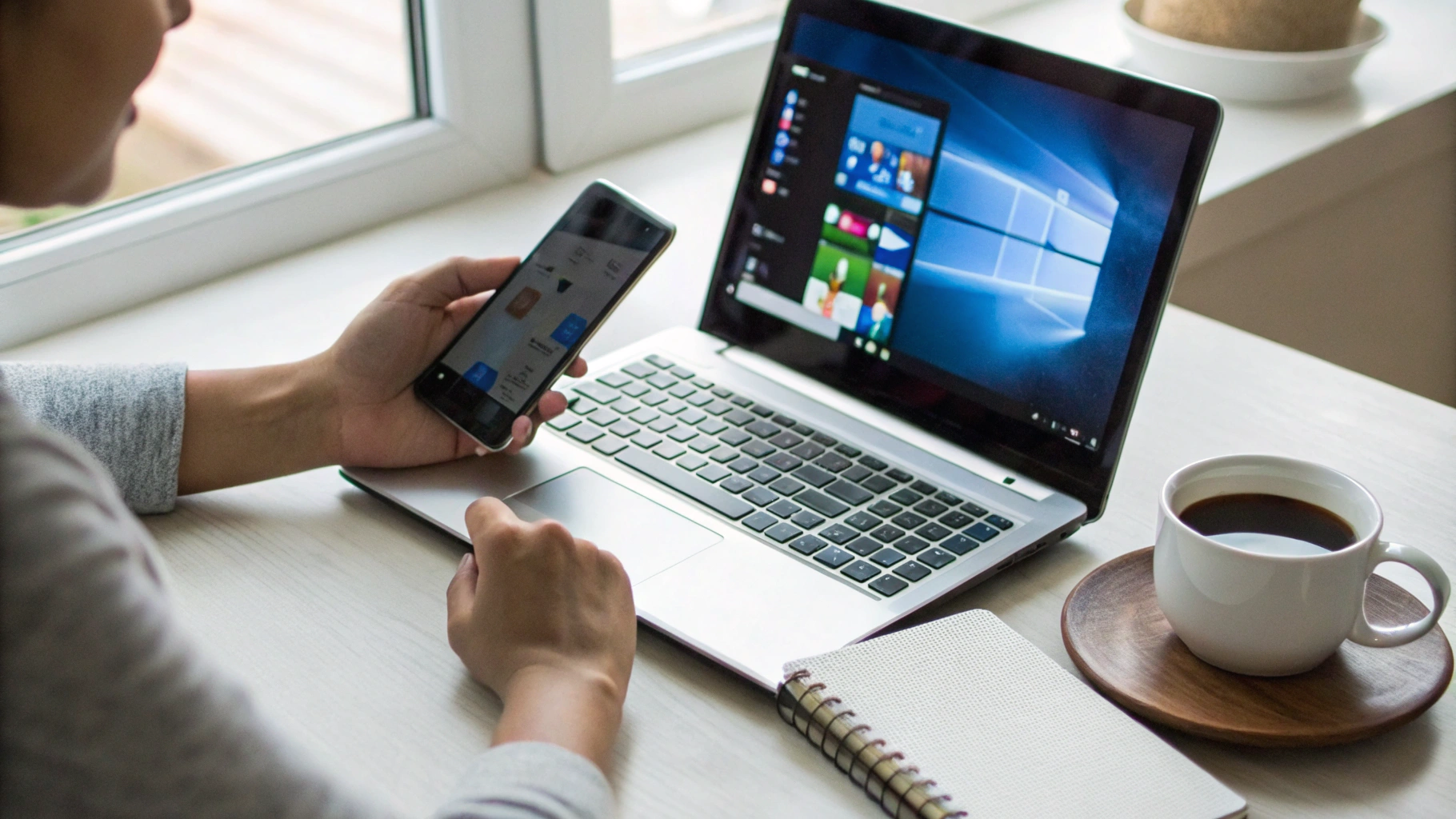 Пользователь работает за ноутбуком Windows и смартфоном Android