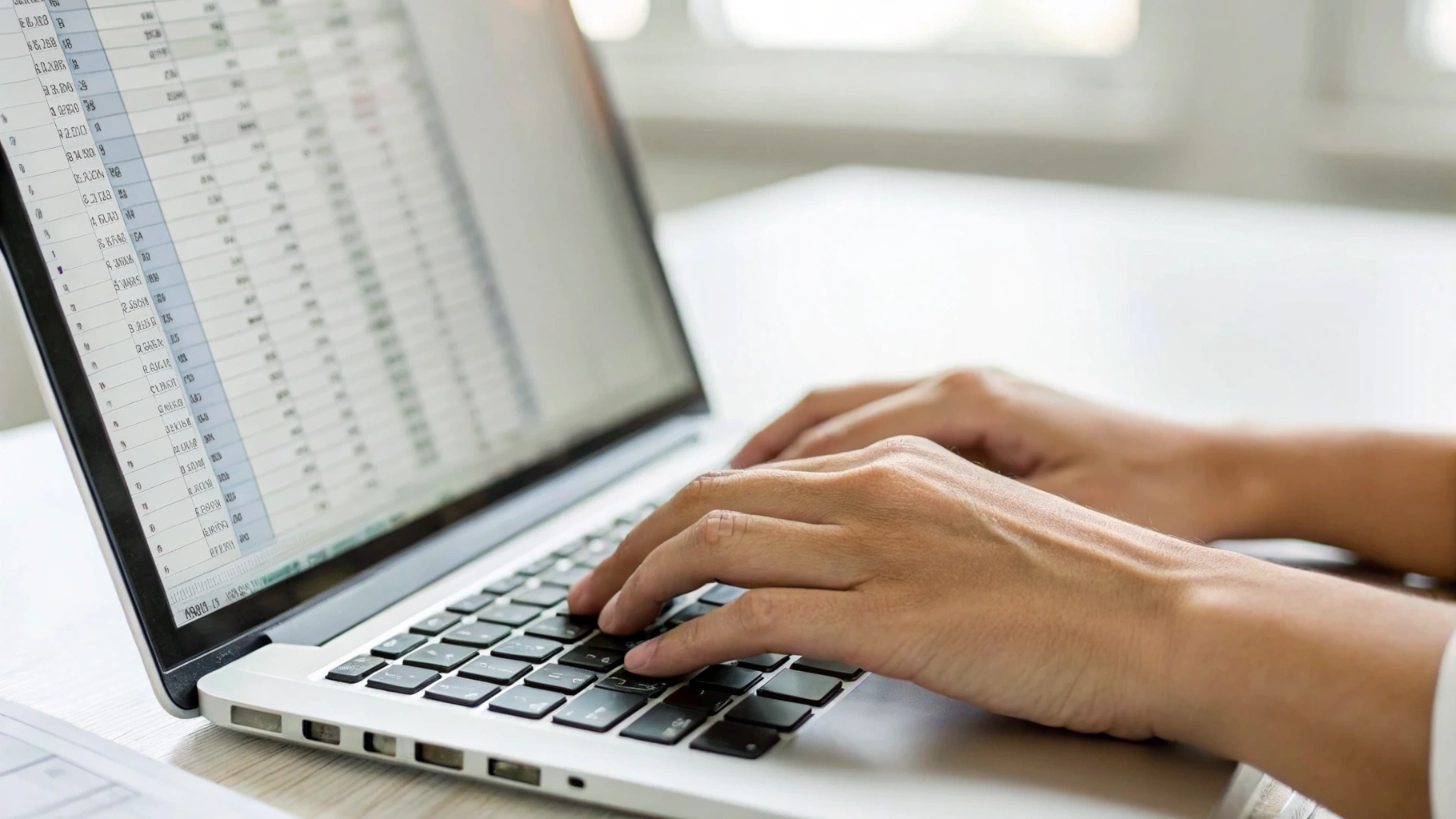 Руки печатают на офисном ноутбуке с таблицами на экране