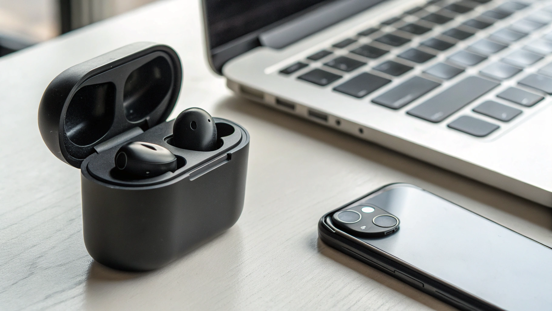 Беспроводные TWS-наушники в зарядном кейсе рядом с ноутбуком и смартфоном