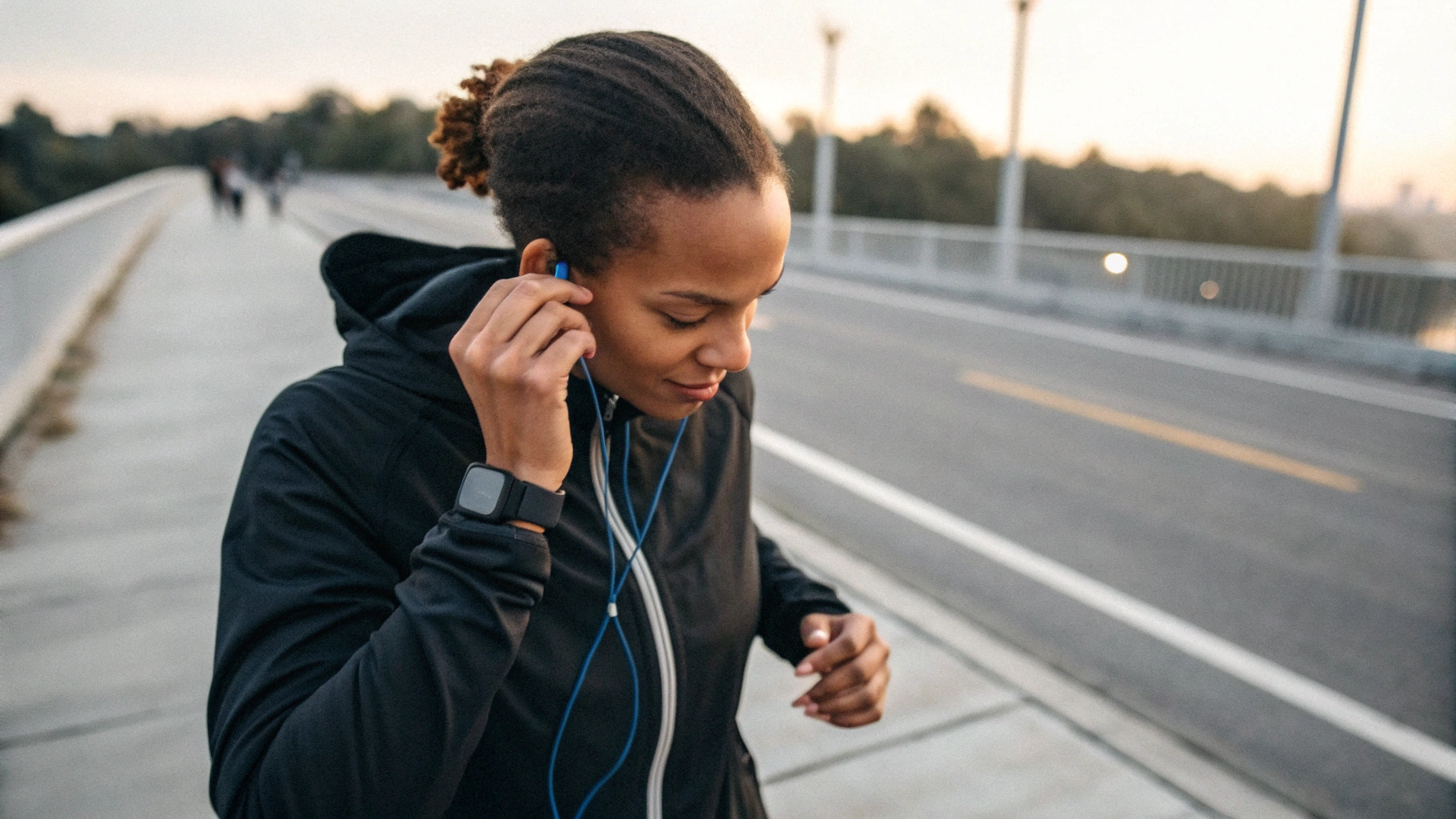 Человек надевает беспроводные наушники-затычки перед пробежкой на улице