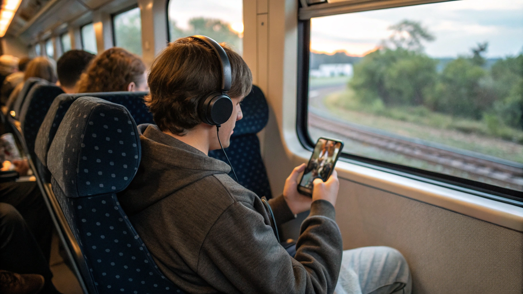 Пассажир в поезде смотрит заранее скачанные фильмы на смартфоне в офлайн‑режиме