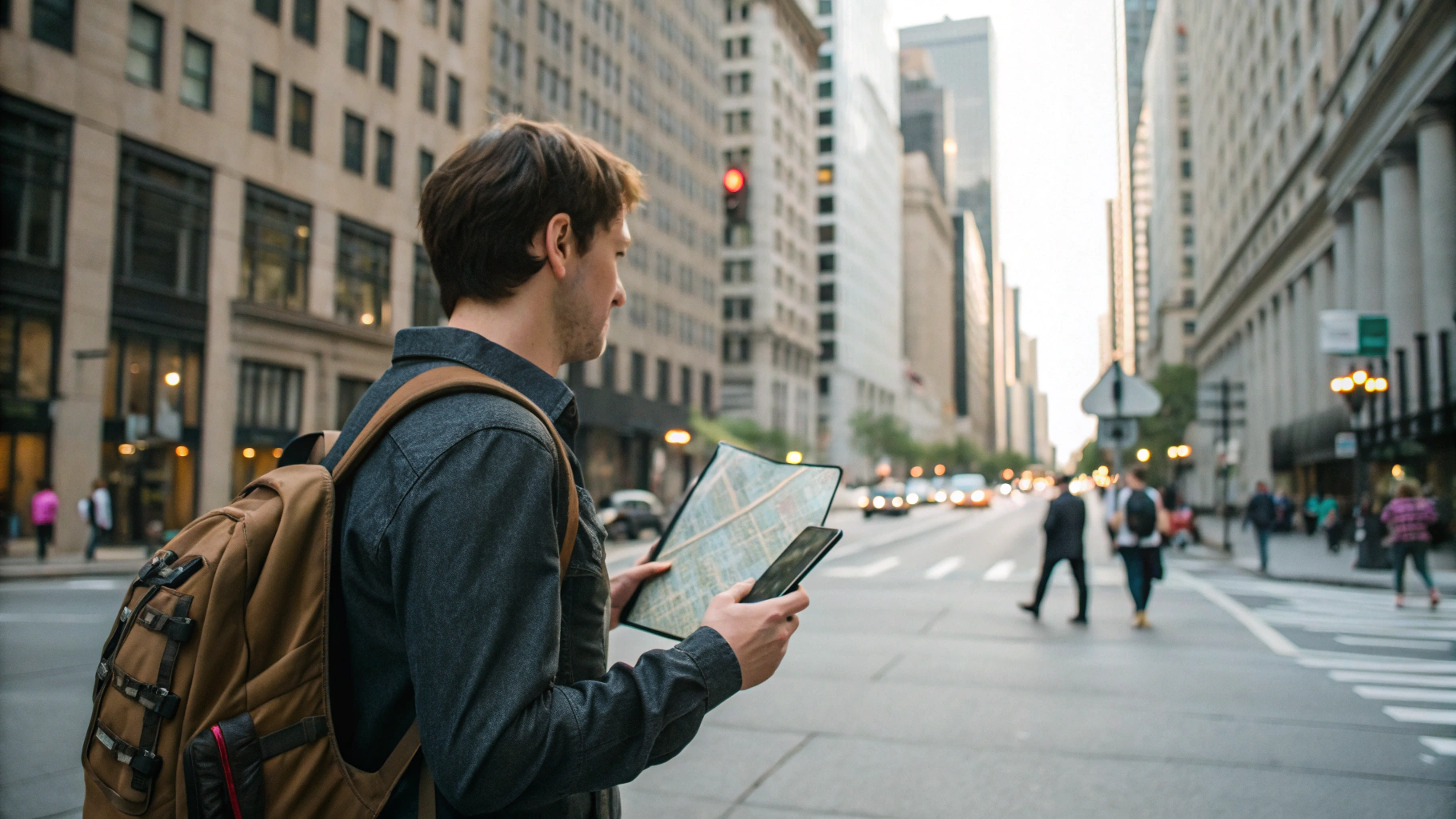 Турист на улице использует офлайн‑карту и сохранённые билеты на экране смартфона