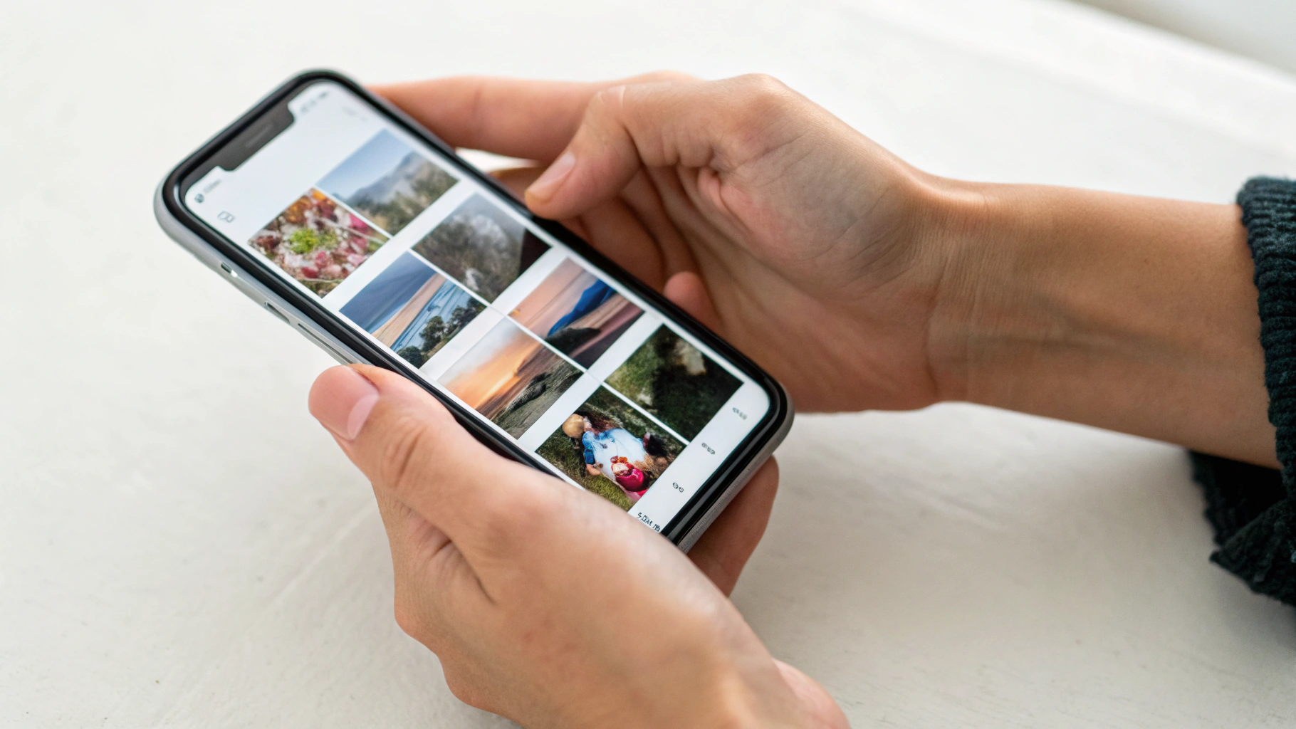 Смартфон с аккуратно организованными фотоальбомами на экране
