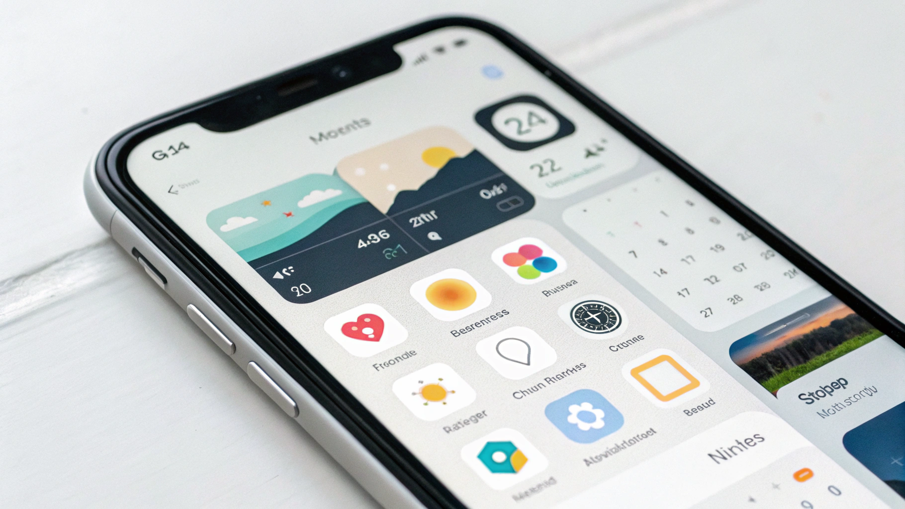 Аккуратно оформленный рабочий стол смартфона с виджетами календаря, погоды и заметок