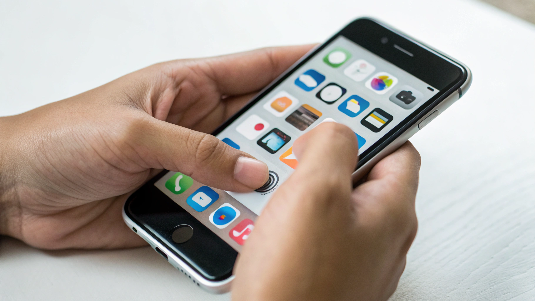 Человек очищает галерею и наводит порядок в приложениях на экране смартфона