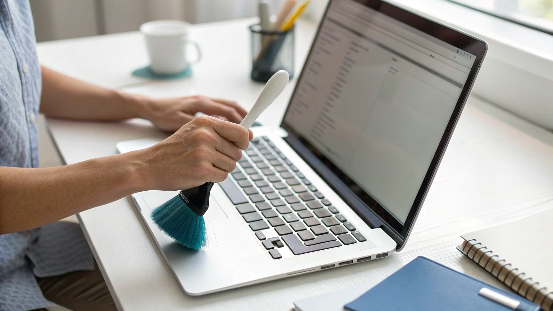 Пользователь очищает клавиатуру ноутбука и наводит порядок в файлах на экране