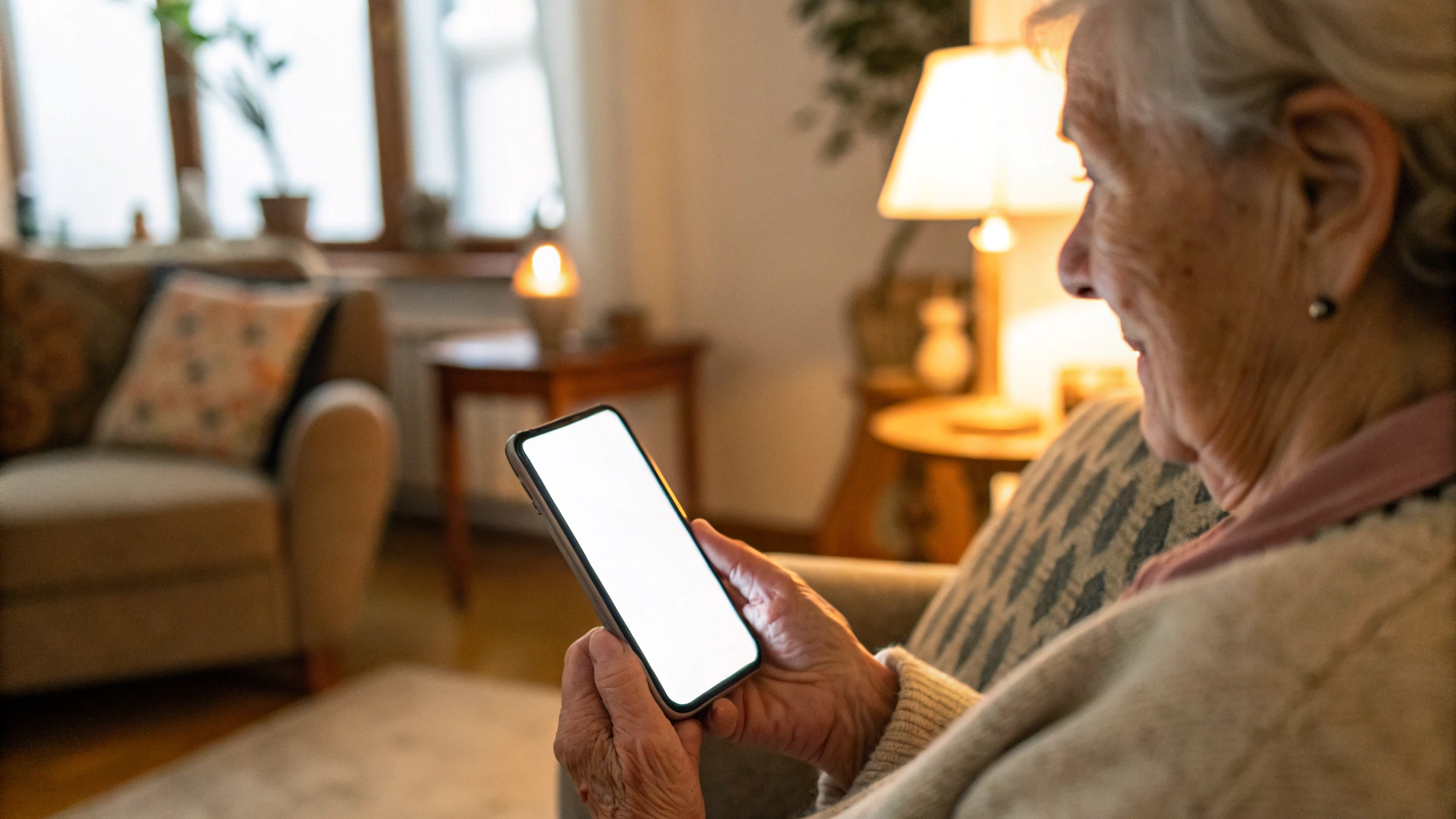 Пожилой человек держит в руках недорогой Android‑смартфон с крупным шрифтом дома