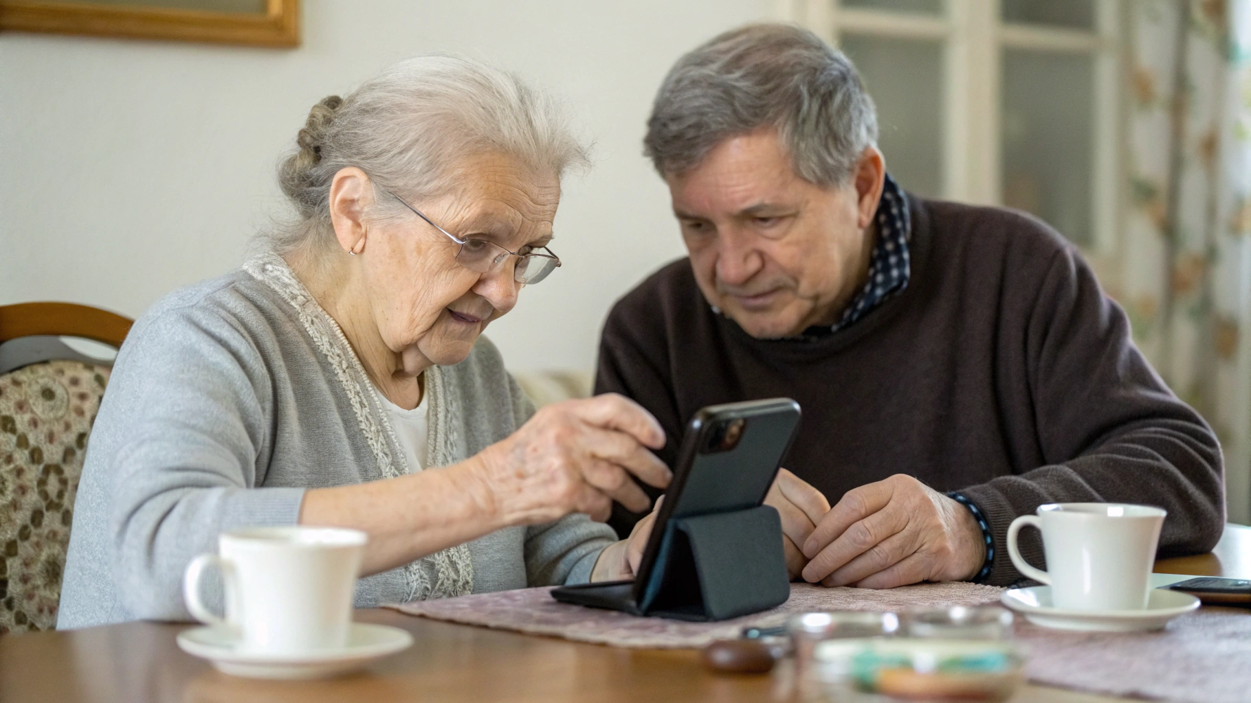 Пожилая пара надевает защитный чехол на новый смартфон за столом