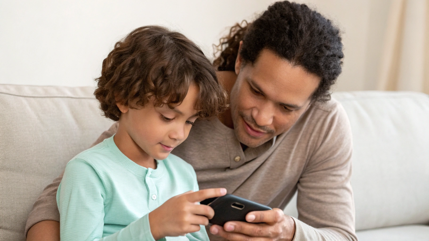 Родитель настраивает родительский контроль на смартфоне для ребёнка