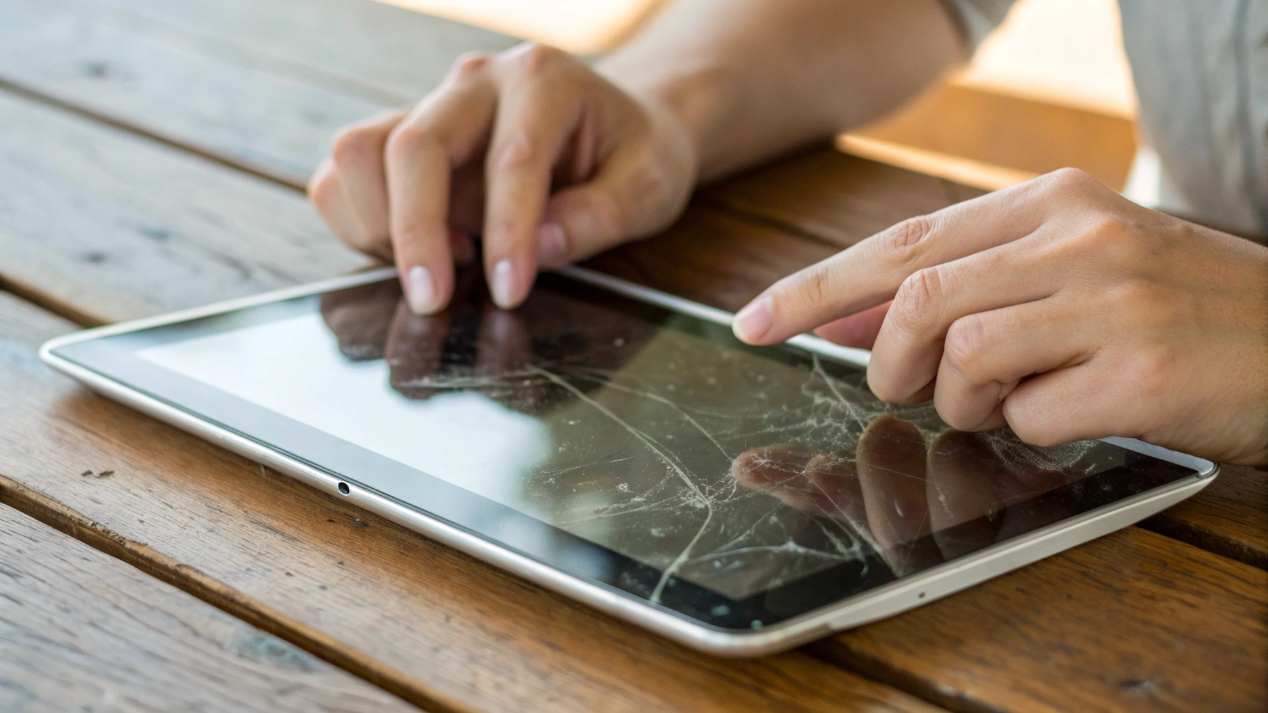 Осмотр экрана подержанного планшета на наличие трещин и царапин