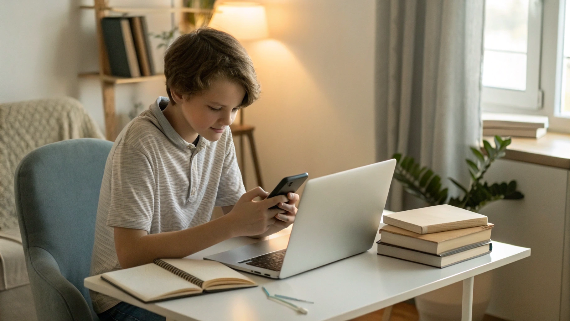Студент занимается за ноутбуком и смартфоном дома для онлайн-учёбы