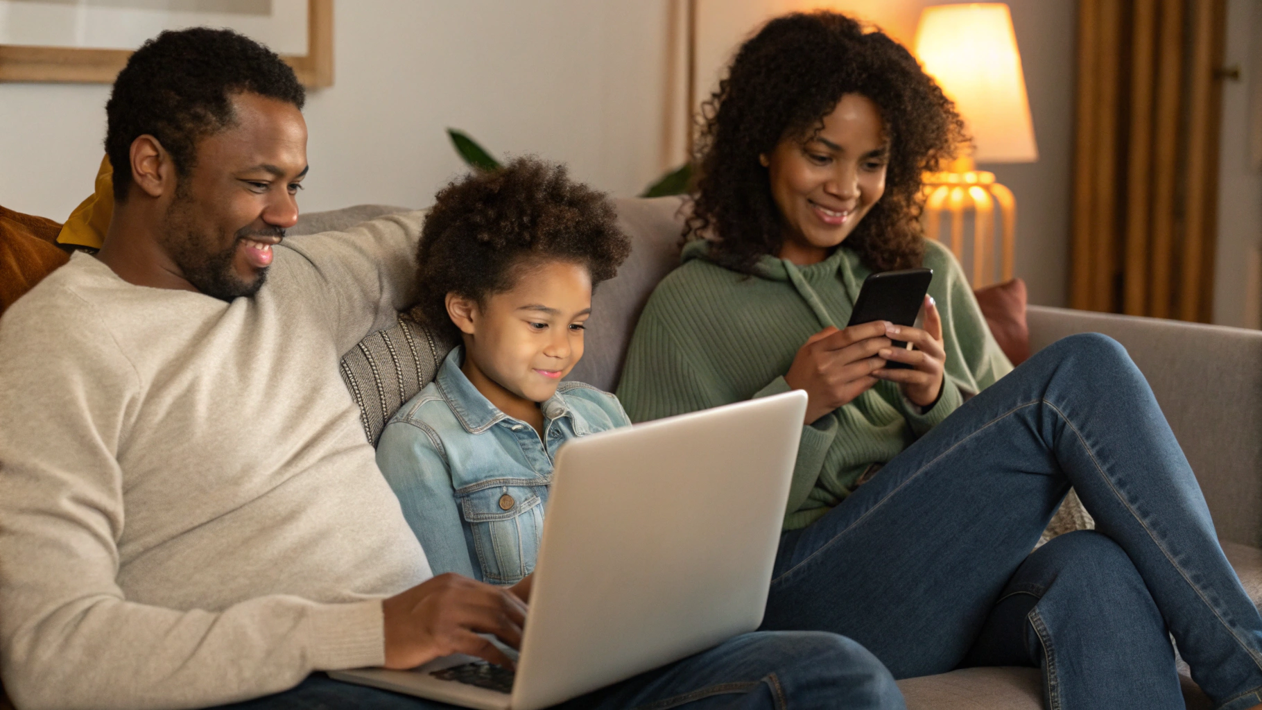 Семья использует ноутбук и смартфон вместе дома