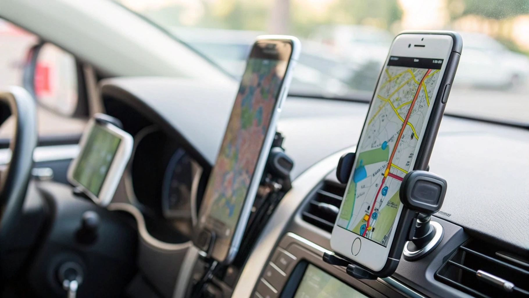 Несколько смартфонов с различными навигационными приложениями на панели автомобиля