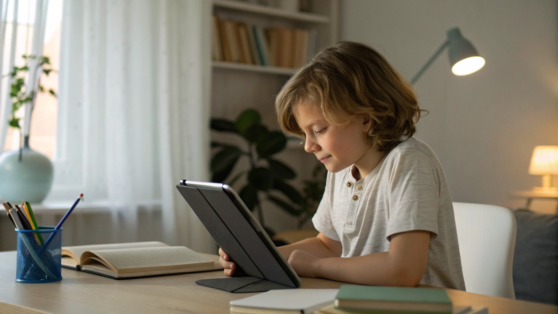 Ребёнок читает с планшета на подставке за столом при правильном освещении комнаты