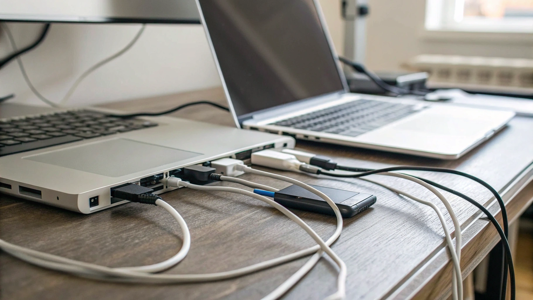 Ноутбук на столе сбоку, подключены несколько кабелей и компактный USB-хаб