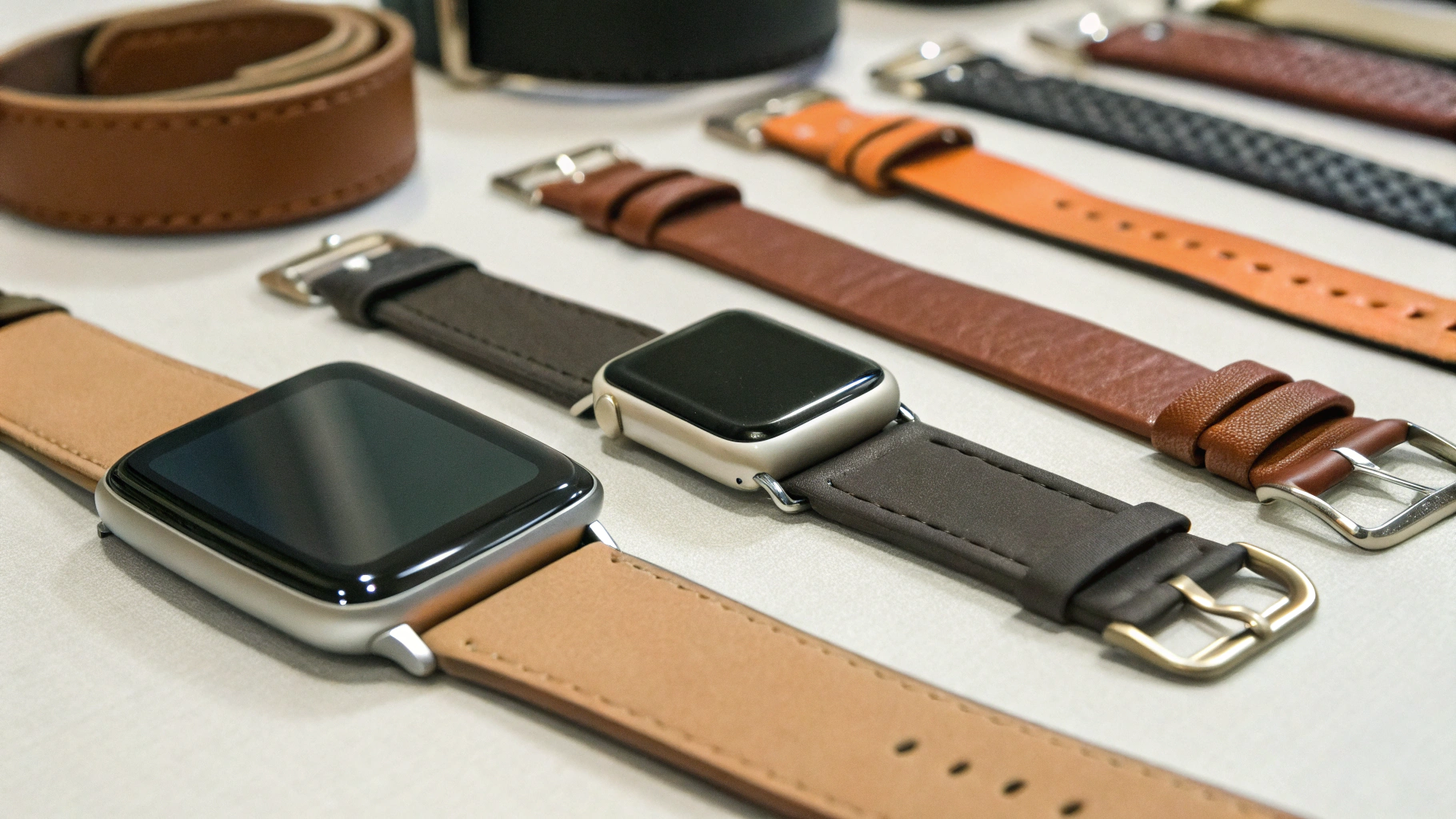 Разные модели бюджетных смарт-часов и браслетов на столе для сравнения