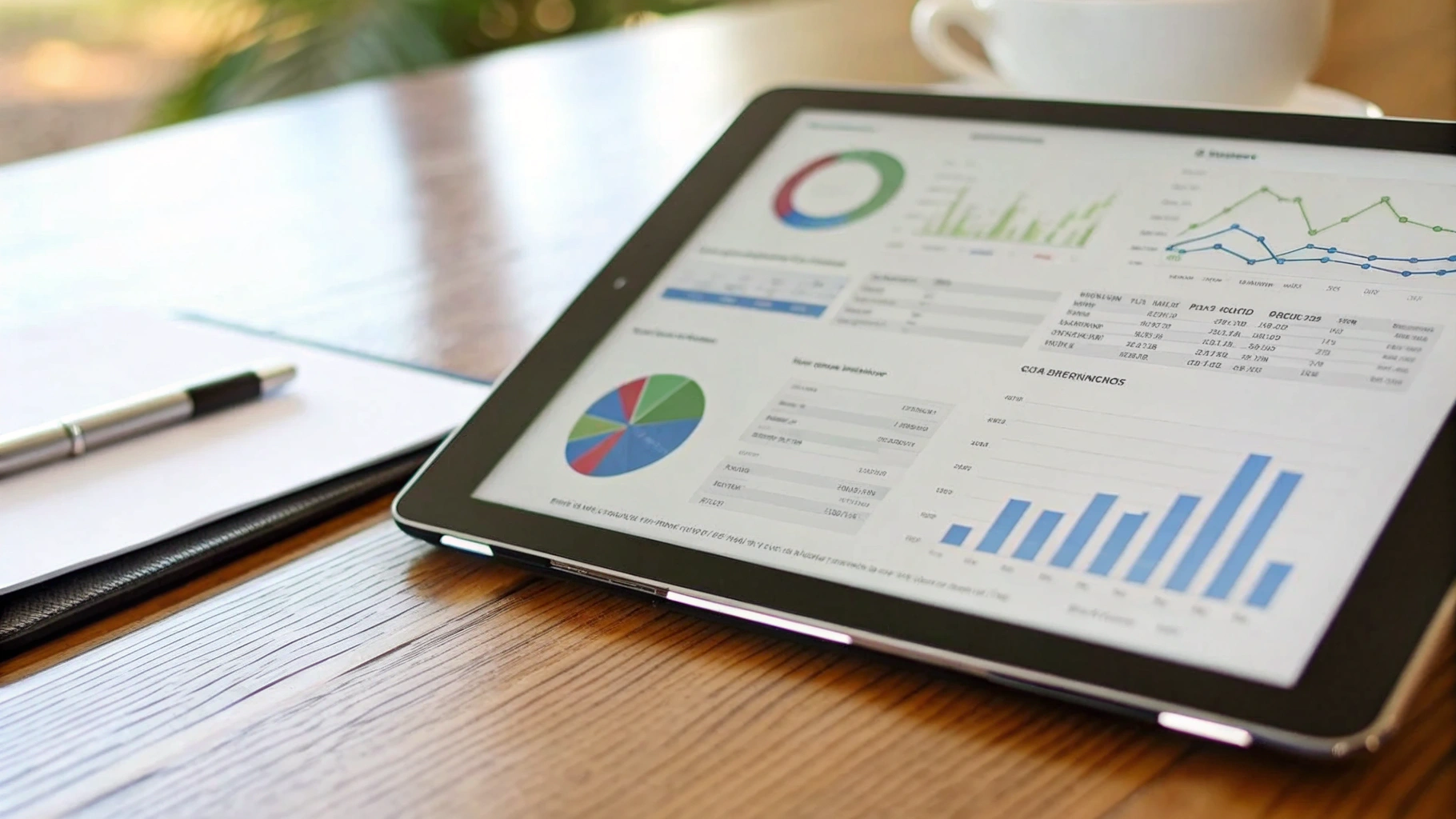 Планшет на столе с открытой таблицей семейного бюджета и графиками расходов