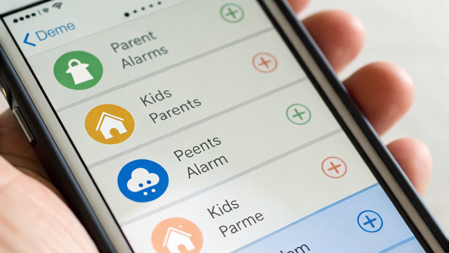 Смартфон с экраном будильника, где настроены подписи для родителей и детей