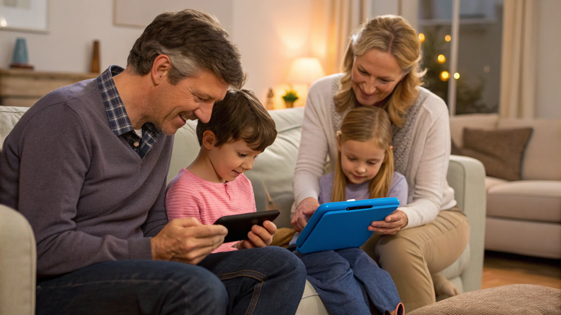 Родители настраивают планшет и смартфон для семейных видеозвонков детей с бабушкой и дедушкой