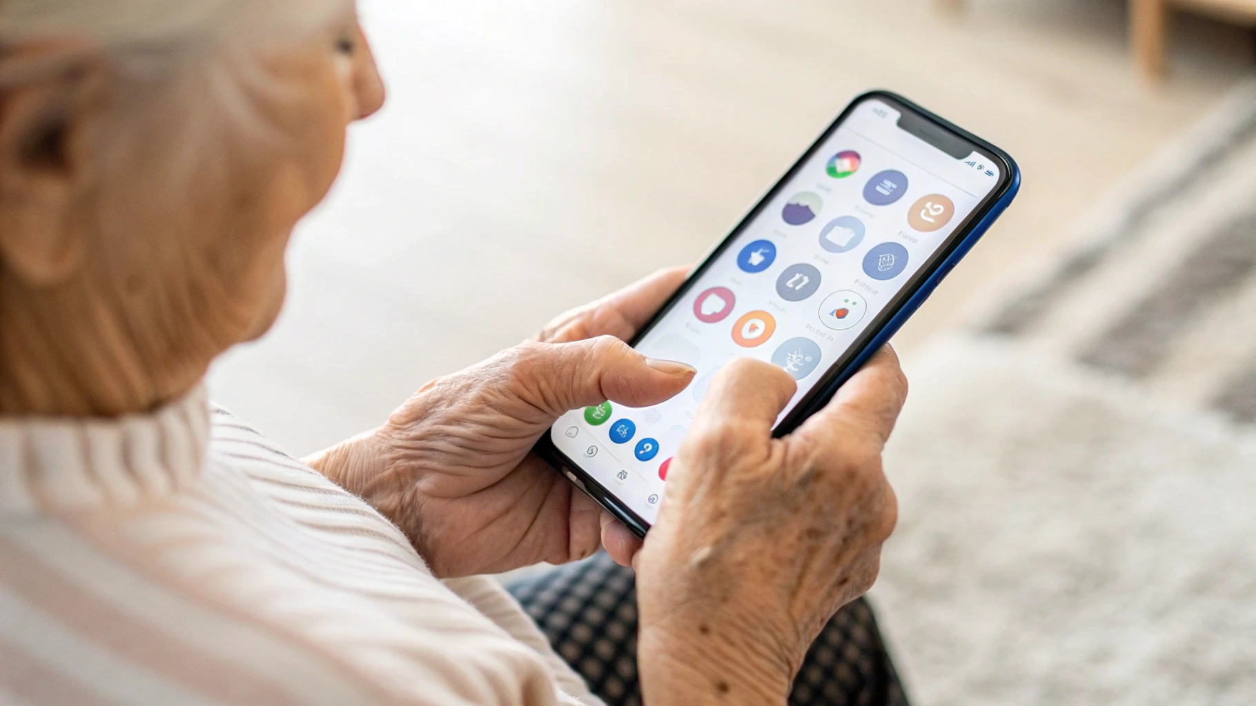 Крупный смартфон в руках пожилого человека с открытым чатом и крупным шрифтом