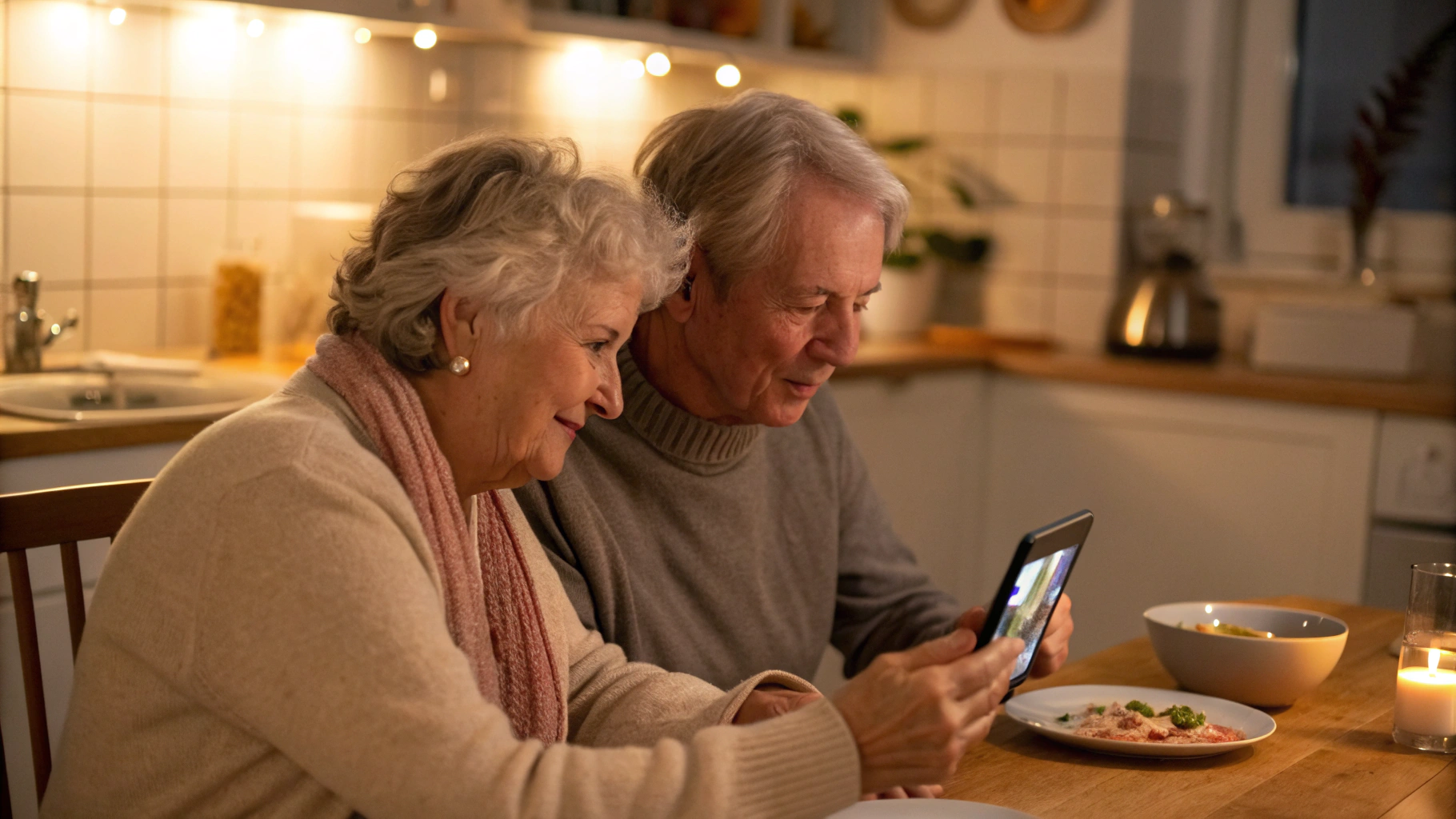 Пожилая пара смотрит фильм на большом смартфоне за кухонным столом