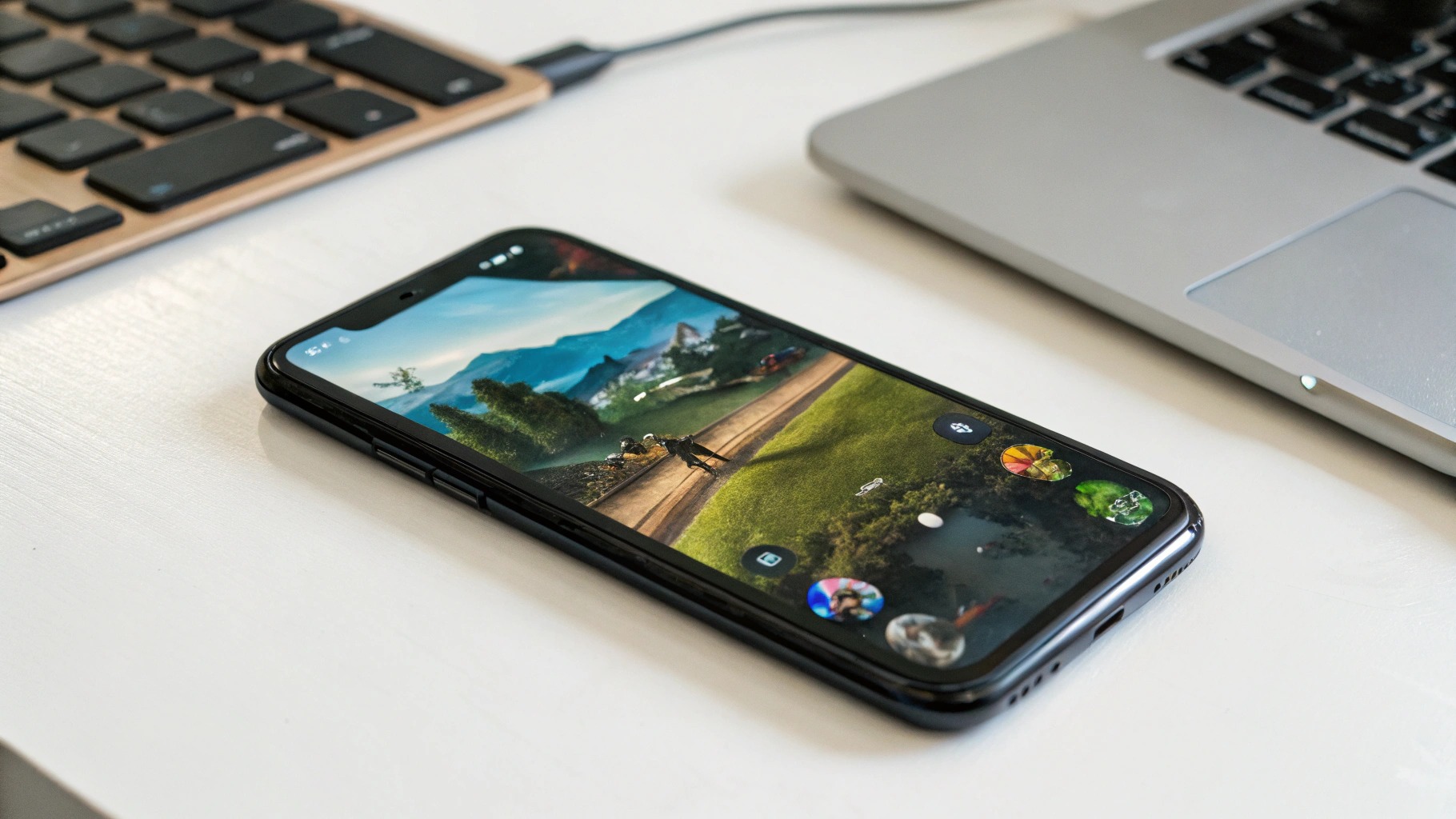 Смартфон среднего класса с запущенной игрой и камерой для соцсетей